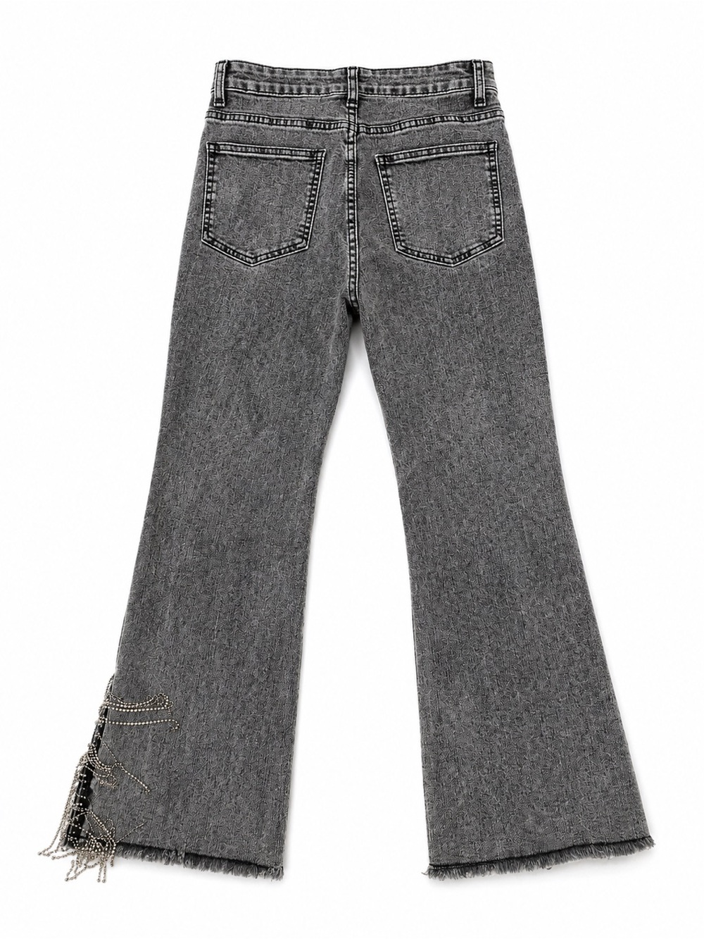 High-Rise Gray Cropped Jeans with Fringe Chain Trim - Picture 4 of 4